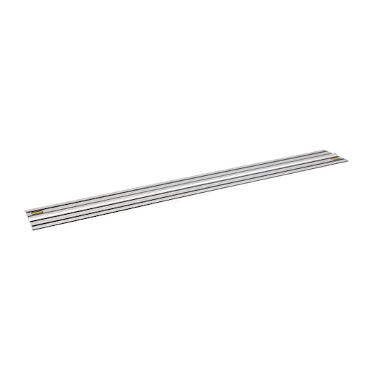 A long, straight aluminum guide rail with a DEWALT logo, used for guiding saws or routers during precise cutting.