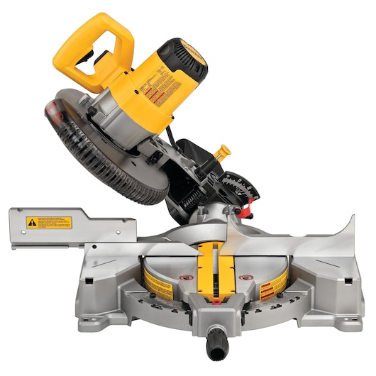 A DEWALT DWS713 compound miter saw, featuring a yellow and silver design, shown with the saw arm angled and blade exposed. The tool is used for making precise angled cuts in wood and other materials.