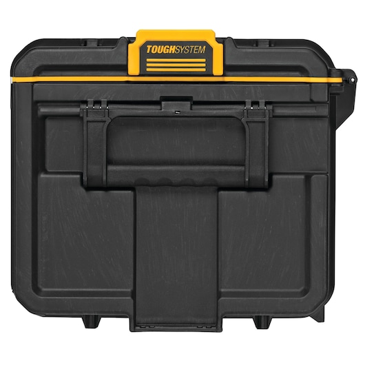 Front view of a DEWALT ToughSystem storage box, black with a yellow accent and handle, suitable for organizing and protecting tools or equipment.