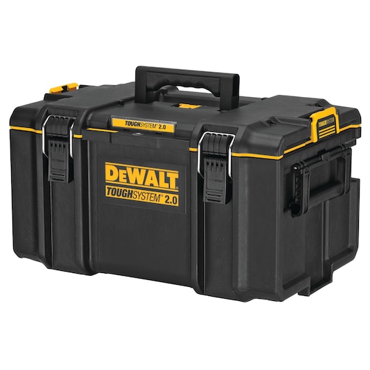 A black and yellow DEWALT ToughSystem 2.0 tool storage box with latches and a handle on top.