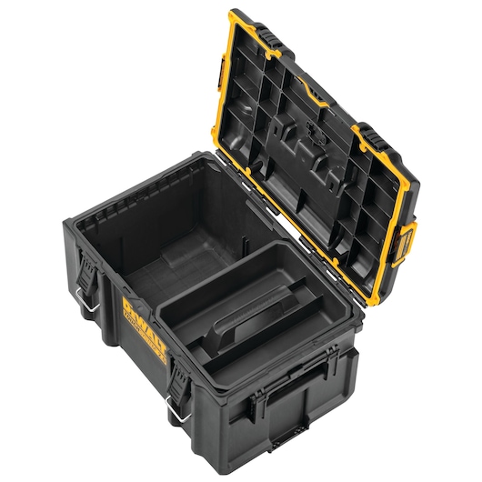 A black DEWALT tool storage box with a hinged lid, yellow accents, and an internal removable tray, shown open and empty.