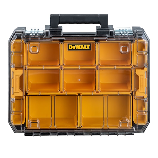 A DEWALT organizer box with transparent lid and multiple yellow compartments. The box has a sturdy black handle on top for carrying.