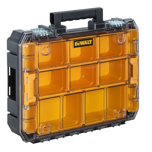 A DEWALT branded plastic organizer box with a black handle, transparent lid, and multiple yellow compartments for storing small tools or accessories.