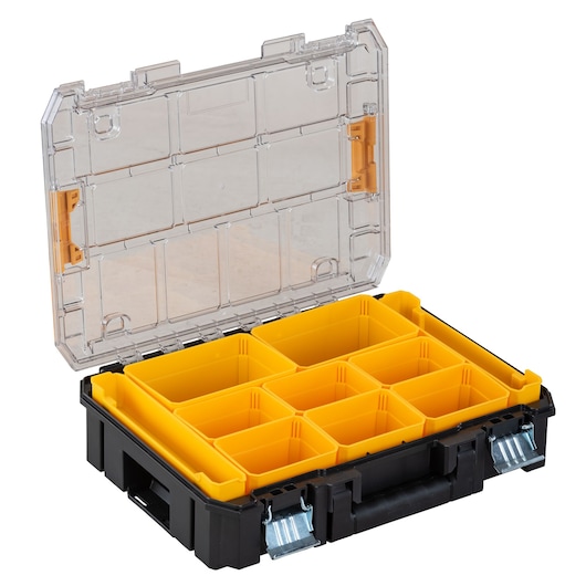 A DEWALT compartments organizer with a clear plastic lid, black base, yellow removable bins, and metal latches, ideal for storing small tools or hardware.