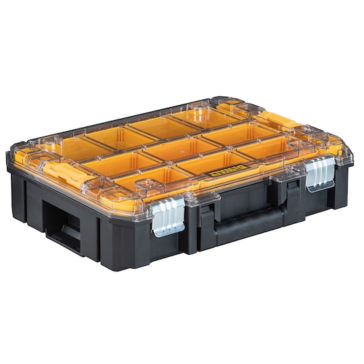 A black DEWALT plastic organizer case with a clear lid, yellow compartments, metal latches, and a carrying handle, designed for storing small tools and accessories.