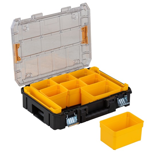 A DEWALT black plastic organizer box with a transparent lid, featuring multiple removable yellow compartments for sorting small items. One yellow compartment is placed outside the box.