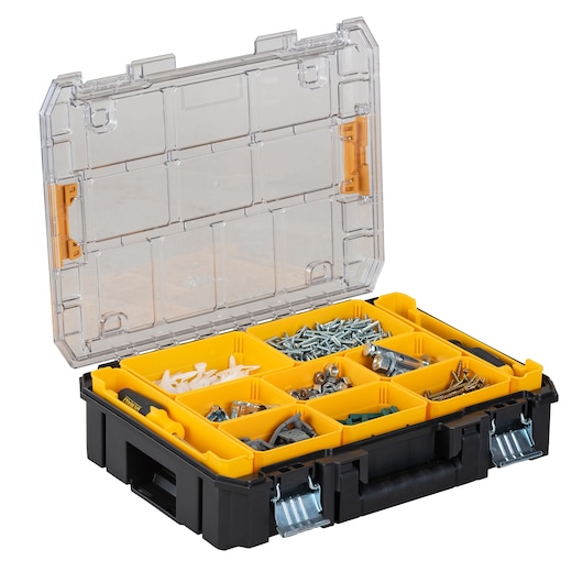 A DEWALT plastic organizer box with a transparent lid and yellow compartment dividers, containing assorted screws, wall plugs, and small hardware items.