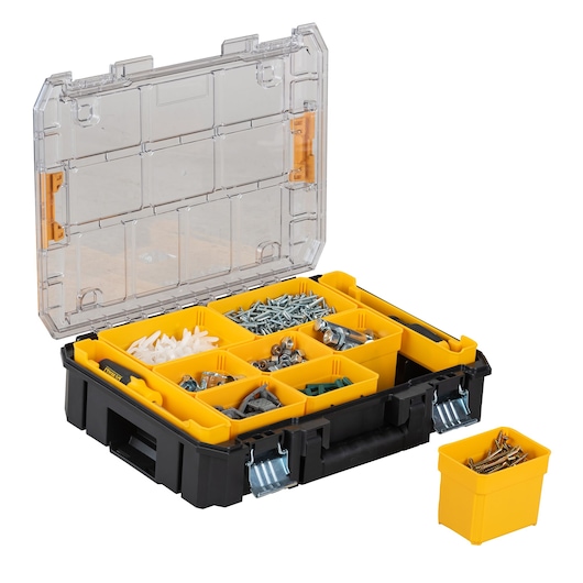 A DEWALT plastic organizer box with a transparent lid, featuring several yellow removable compartments filled with assorted screws, bolts, and fasteners. One yellow compartment is placed outside the box, containing more fasteners.