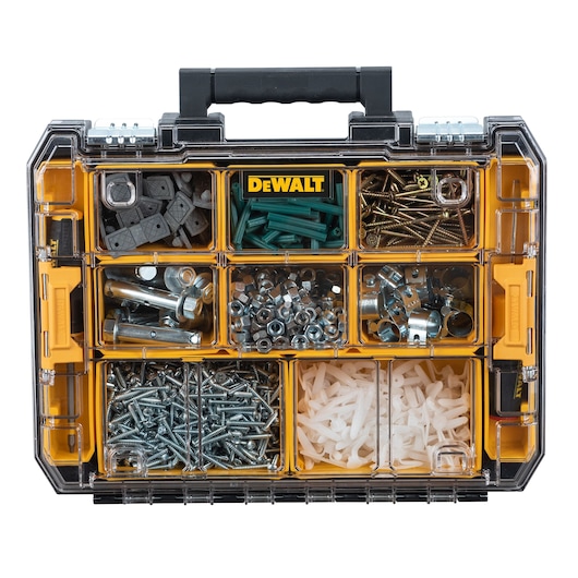 A DEWALT plastic organizer case with multiple compartments containing assorted hardware items such as screws, nuts, bolts, wall anchors, and other fasteners. The organizer has a transparent lid and a black handle at the top.