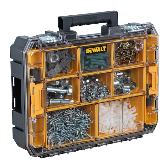 A DEWALT branded plastic organizer case with a black handle, containing assorted screws, bolts, wall plugs, metal fasteners, and other small hardware items in divided compartments.
