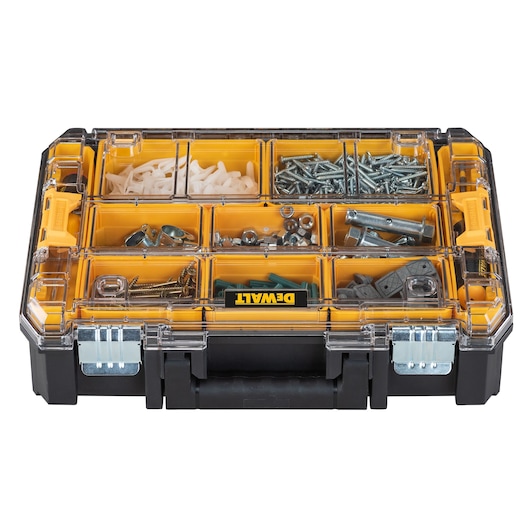 A DEWALT-branded plastic organizer box with a transparent lid, containing various hardware items such as screws, anchors, nuts, bolts, and fasteners separated into individual yellow compartments.