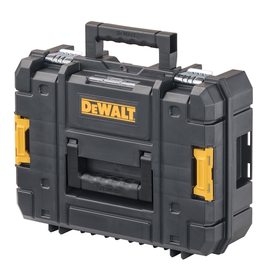 A black and yellow DEWALT branded hard plastic tool storage case with a sturdy handle, metal hinges, and side latches for secure closure.