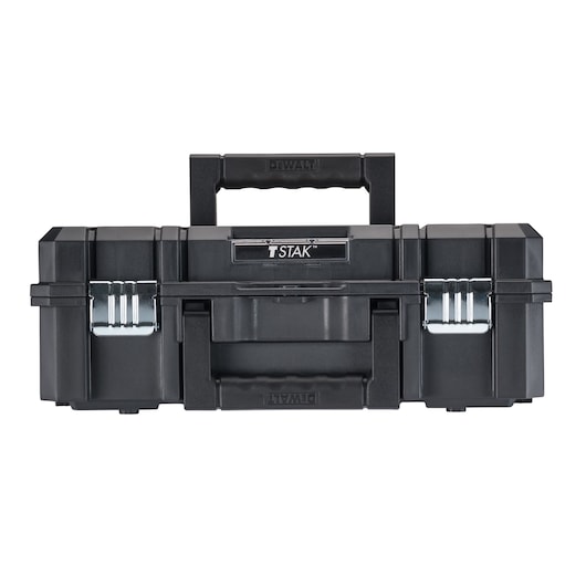 A black DEWALT TSTAK tool storage box with two metal latches, a large plastic handle on top, and a DEWALT logo. The box is shown against a white background.