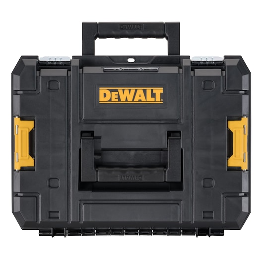 Front view of a black and yellow DEWALT tool storage box with a carry handle and secure latches, used for organizing and transporting tools.