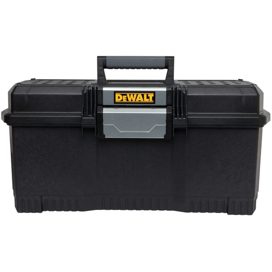 A large black DEWALT toolbox with a central handle and secure metal latch, shown on a white background.