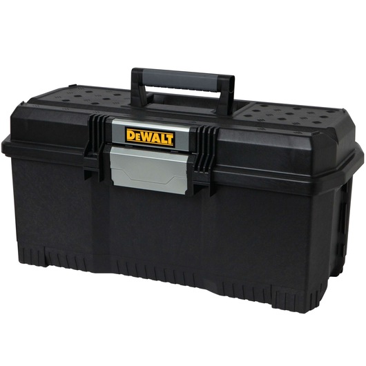 A black DEWALT plastic toolbox with a sturdy handle and secure latches, suitable for storing and organizing tools.