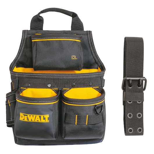A black and yellow DEWALT tool pouch with multiple pockets and compartments, shown with a detachable adjustable belt.