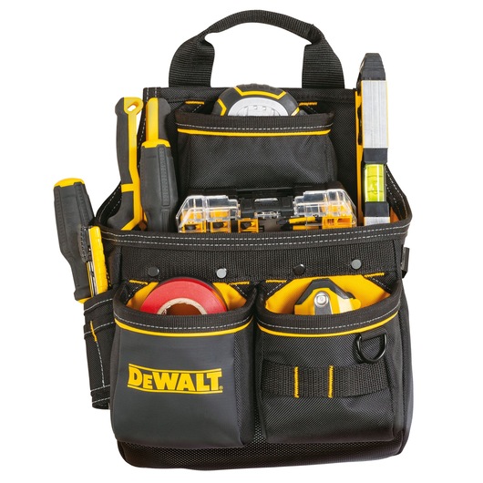 A DEWALT branded black and yellow tool pouch containing various tools and accessories such as a tape measure, screwdrivers, utility knife, spirit level, tape, and a transparent compartment box. The pouch has multiple pockets and a handle on top.