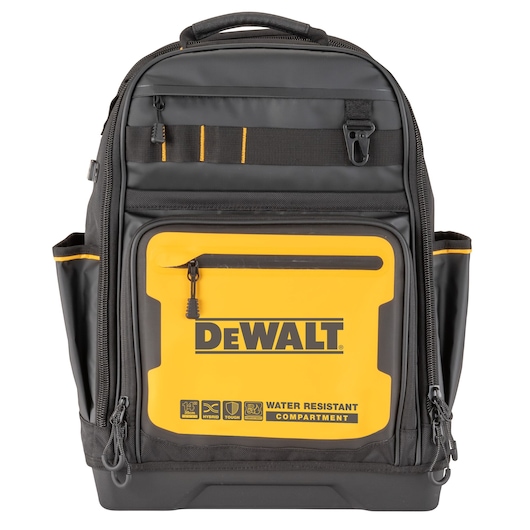 A DEWALT black and yellow backpack with multiple compartments, side pockets, and a water-resistant front compartment. The front displays the DEWALT logo and icons for hybrid, touch, and a 14-inch device, emphasizing durability and functionality.