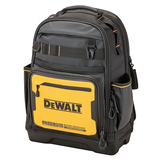 A DEWALT branded black and yellow tool backpack with multiple zippered compartments, featuring a front water-resistant compartment and various organizers for tools.