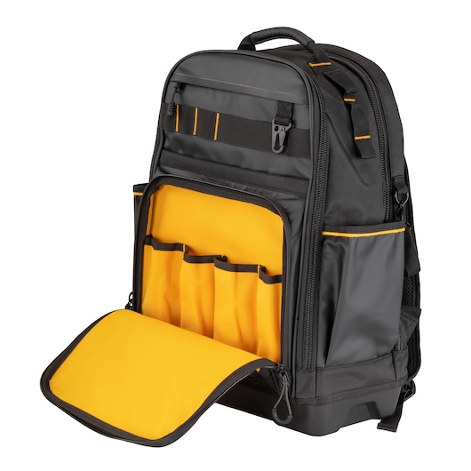 A black and yellow DEWALT backpack with multiple compartments and pockets, including an open front section showing tool holders inside.