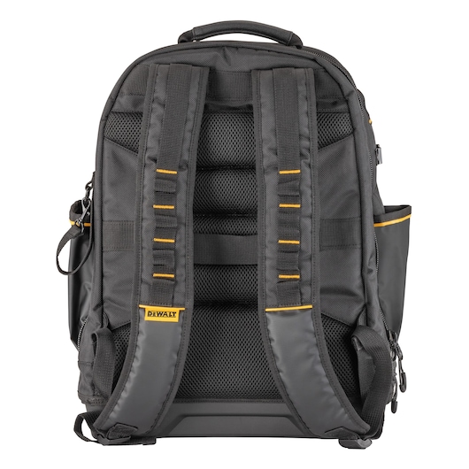 A black DEWALT backpack viewed from the back, showing padded straps with yellow accents and a sturdy handle on top.