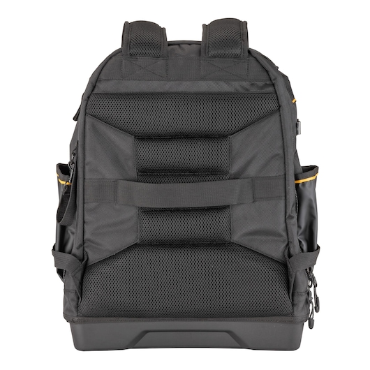 Black DEWALT backpack with padded back panel and shoulder straps, durable material, multiple side pockets, and reinforced bottom, shown against a white background.