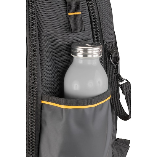 Close-up of a black and grey backpack with a zippered pocket, featuring a grey water bottle with a silver lid in the side pouch.