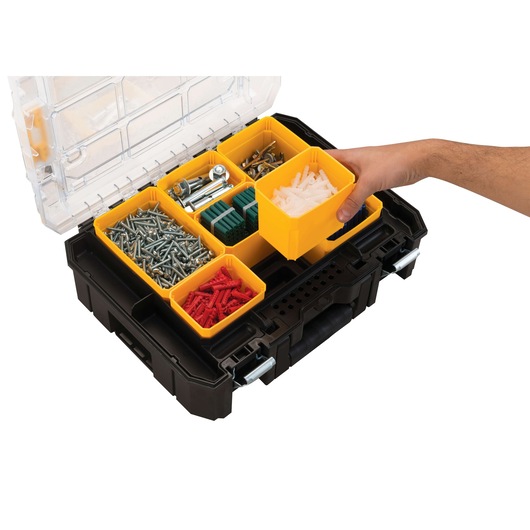 Removable storage cup feature of T stak 3 piece modular mobile tower.
