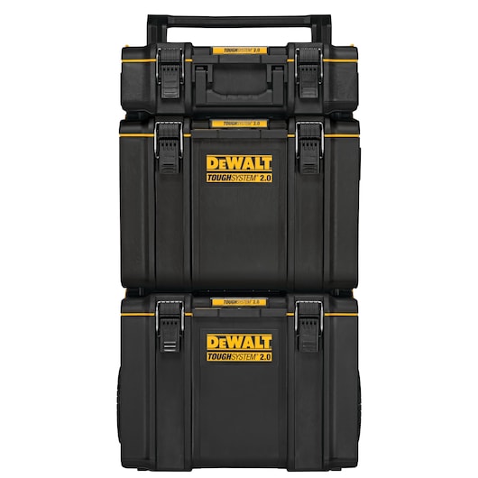 Three stacked DEWALT ToughSystem 2.0 black tool storage boxes with yellow accents and branding, designed for heavy-duty tool organization and transport.